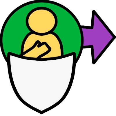 A yellow figure, a hand on their chest, with a green circle behind them and a white shield in front of and below them. a purple arrow goes from the green circle to the right.